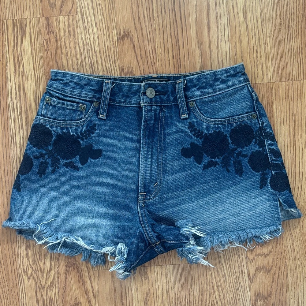 Abercrombie & Fitch Blue Denim Jean Shorts with Dark Floral Embroidery